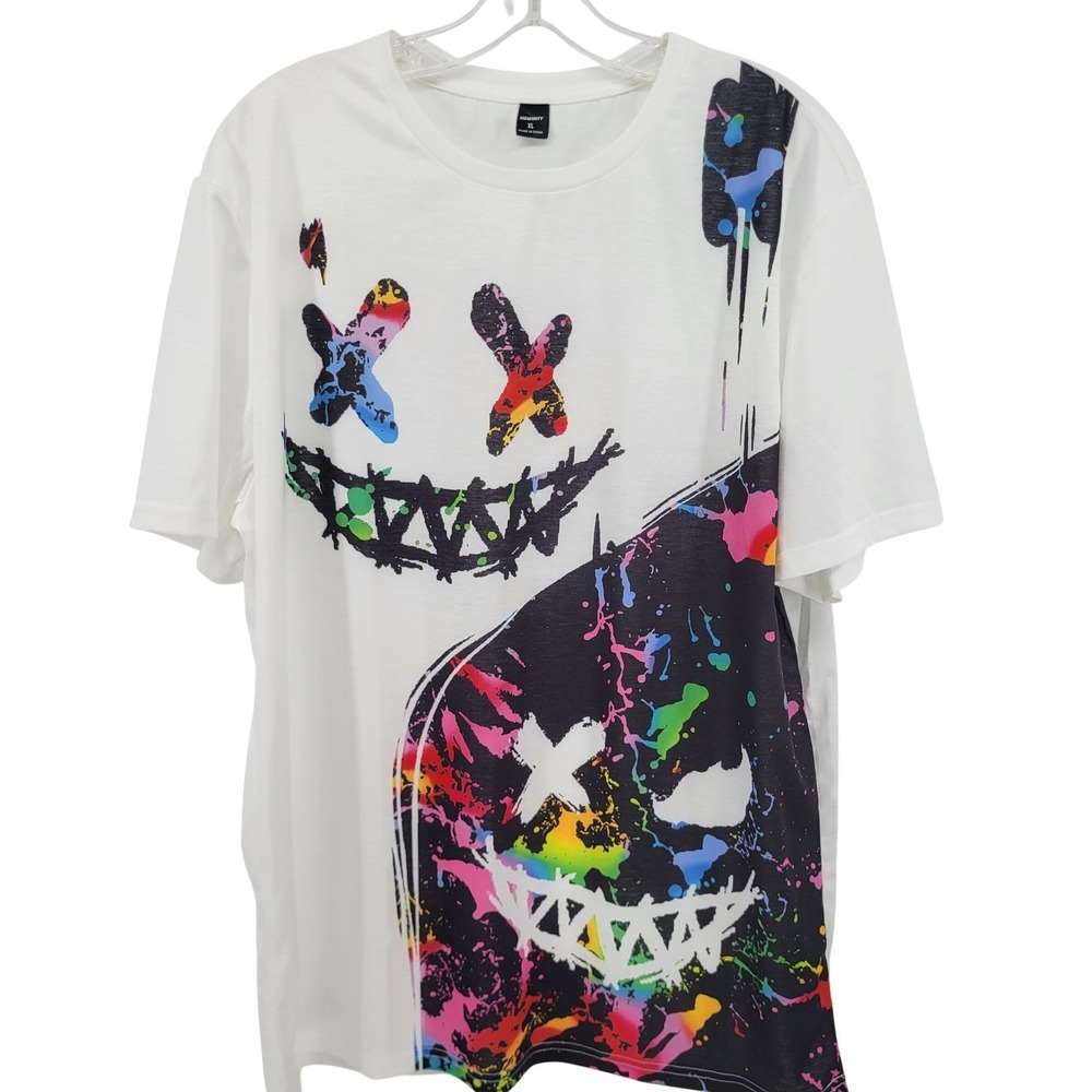 Manfinity Mens XL White Paint Splatter Graphic Smiley Face T-Shirt